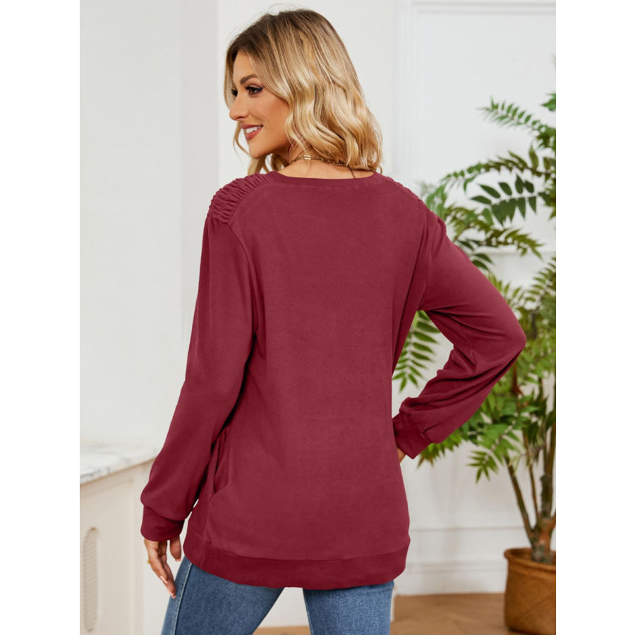 Ruched Shoulder Round Neck Long Sleeve Sweatshirt Apparel and Accessories