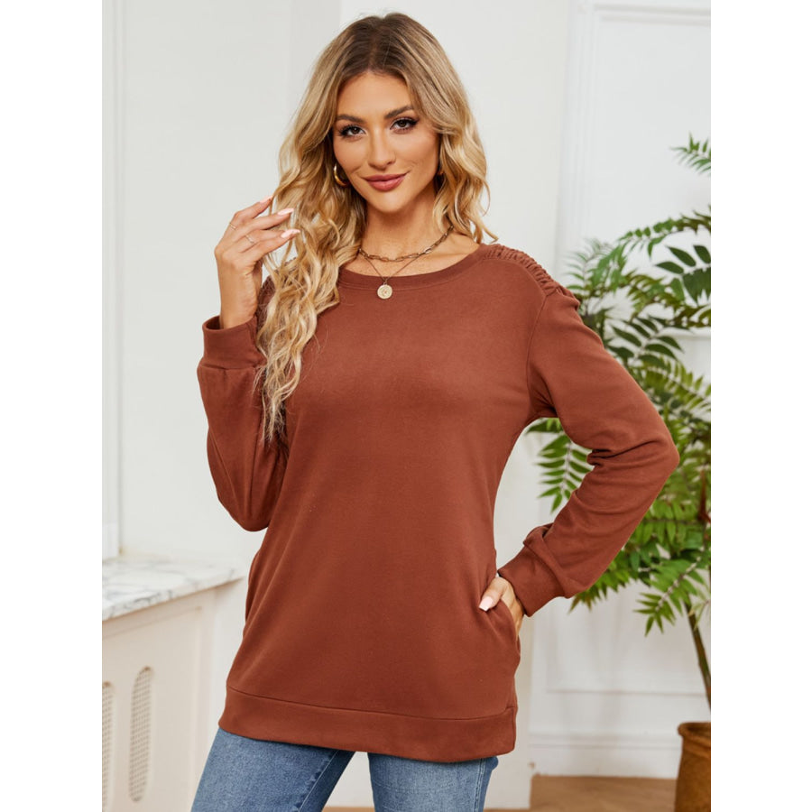 Ruched Shoulder Round Neck Long Sleeve Sweatshirt Apparel and Accessories