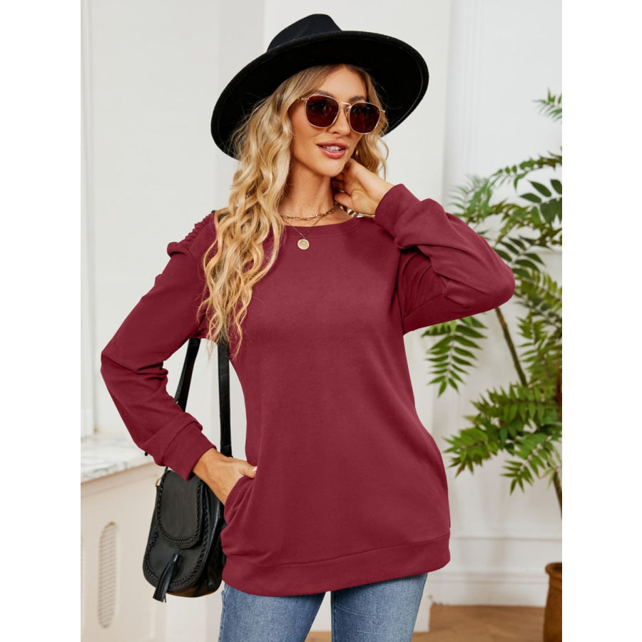 Ruched Shoulder Round Neck Long Sleeve Sweatshirt Burgundy / S Apparel and Accessories