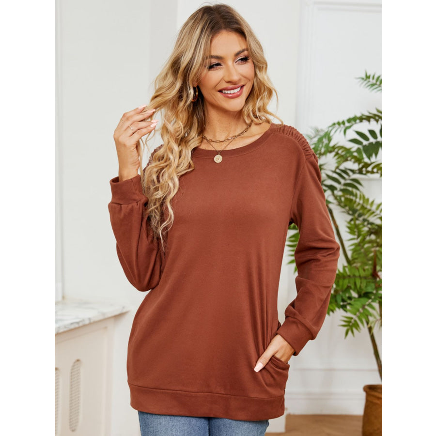 Ruched Shoulder Round Neck Long Sleeve Sweatshirt Caramel / S Apparel and Accessories