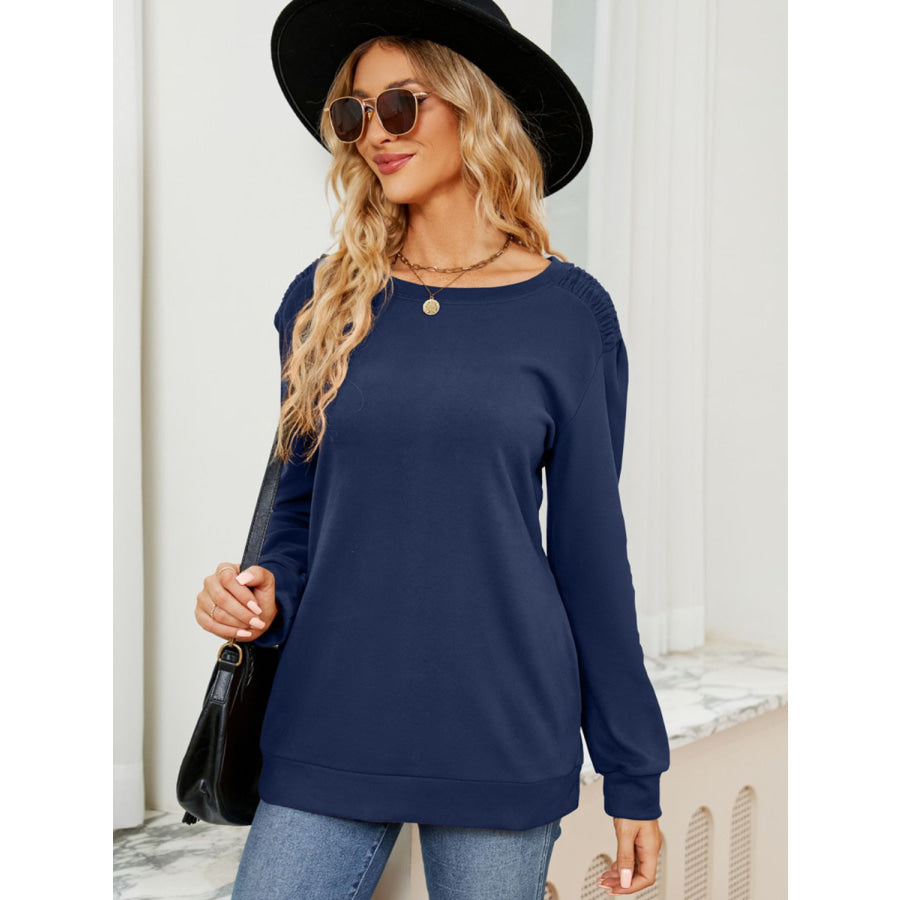 Ruched Shoulder Round Neck Long Sleeve Sweatshirt Dark Blue / S Apparel and Accessories