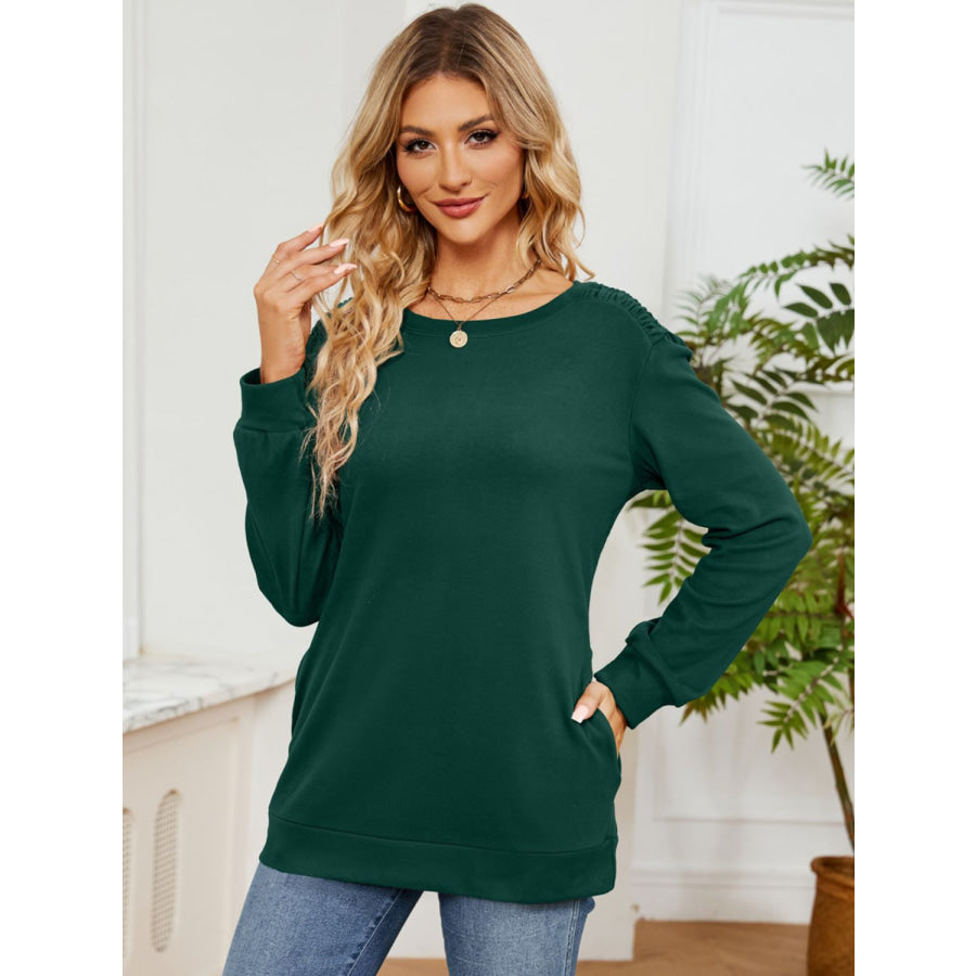 Ruched Shoulder Round Neck Long Sleeve Sweatshirt Dark Green / S Apparel and Accessories