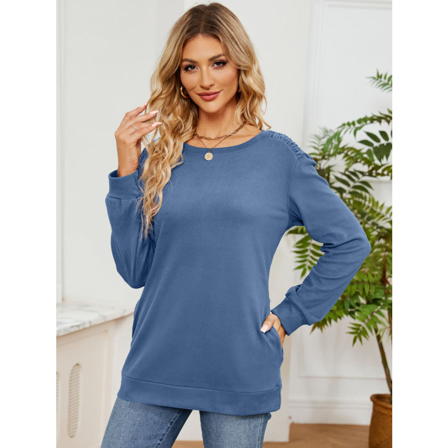 Ruched Shoulder Round Neck Long Sleeve Sweatshirt Dusty Blue / S Apparel and Accessories