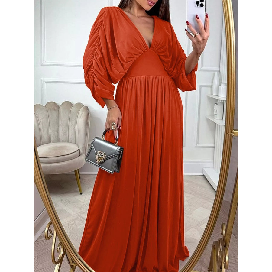 Ruched Sleeve V-Neck Maxi Dress Orange-Red / S Apparel and Accessories
