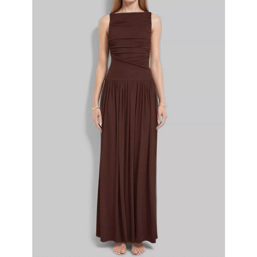 Ruched Sleeveless Maxi Dress Brown / S Apparel and Accessories