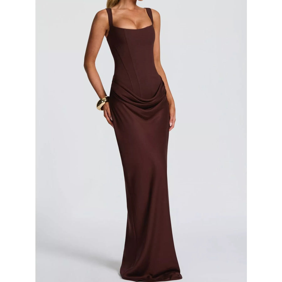 Ruched Sleeveless Maxi Dress Brown / XS Apparel and Accessories