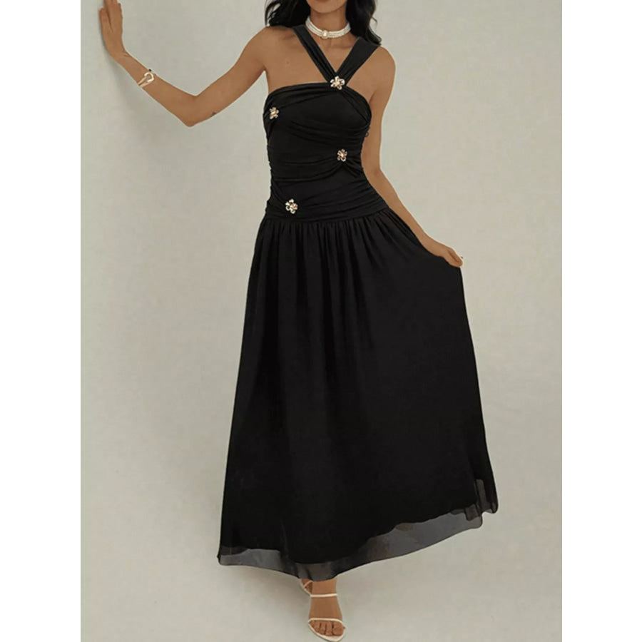 Ruched Sleeveless Maxi Dress with Embellishments Black / S Apparel and Accessories
