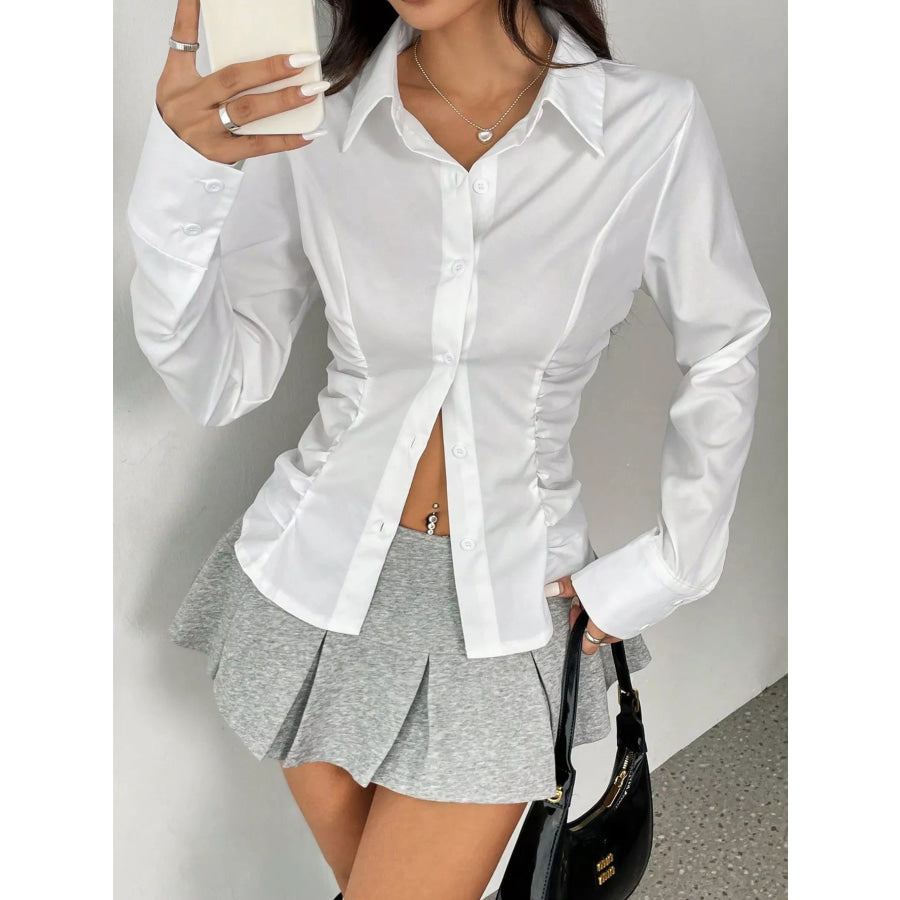 Ruched Slim-Fit Button-Down Shirt White / S Apparel and Accessories