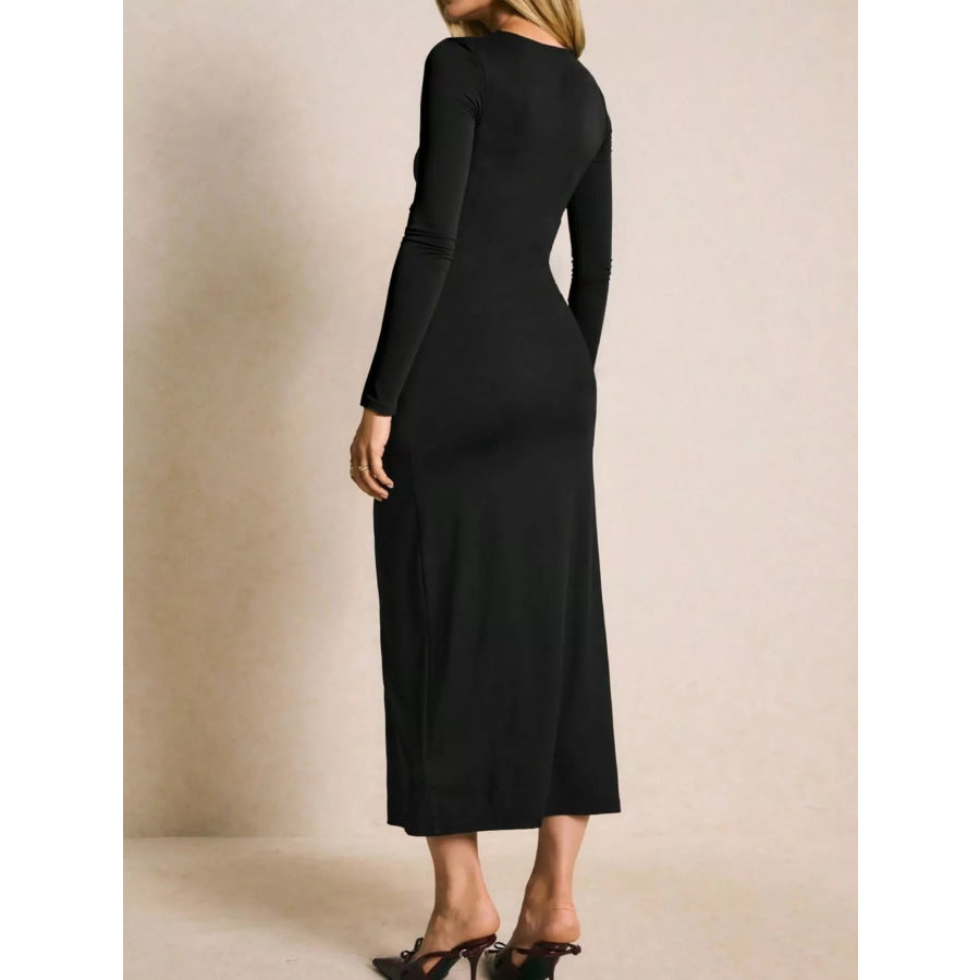 Ruched Slit Long-Sleeve Bodycon Dress Apparel and Accessories