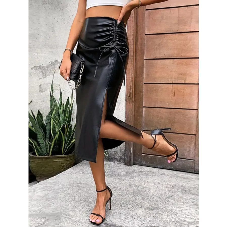 Ruched Slit Midi Skirt Black / M Apparel and Accessories