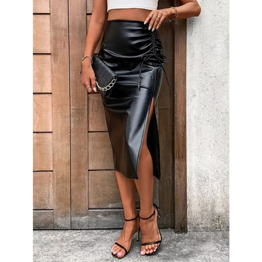 Ruched Slit Midi Skirt Black / M Apparel and Accessories