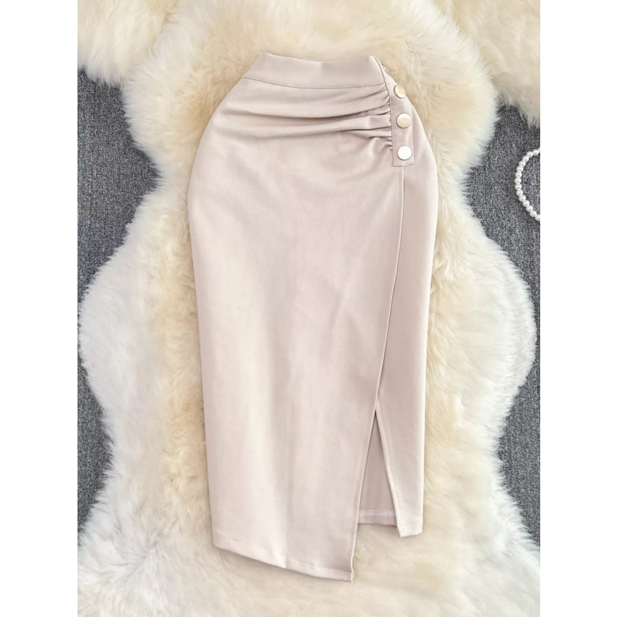 Ruched Slit Skirt Apricot / S Apparel and Accessories