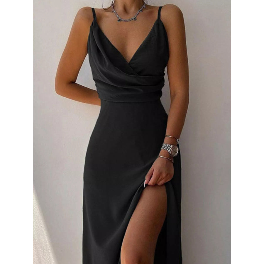 Ruched Slit Spaghetti Strap Dress Black / S Apparel and Accessories