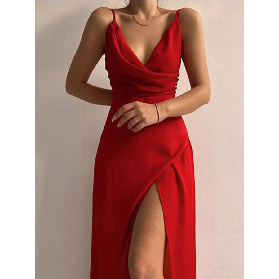 Ruched Slit Spaghetti Strap Dress Red / S Apparel and Accessories