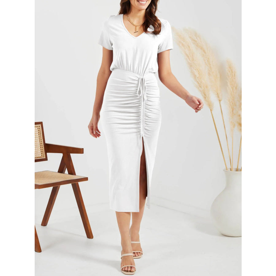 Ruched Slit V - Neck Short Sleeve Dress Apparel and Accessories