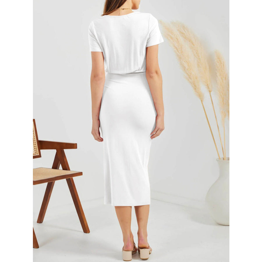 Ruched Slit V - Neck Short Sleeve Dress Apparel and Accessories