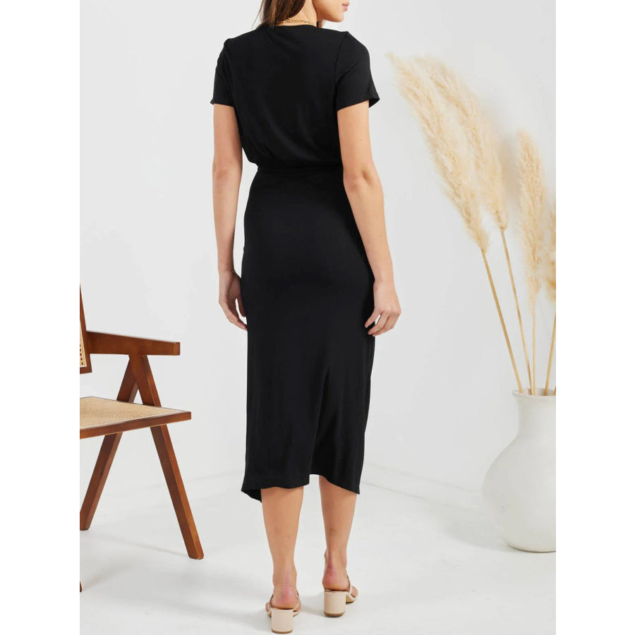 Ruched Slit V - Neck Short Sleeve Dress Apparel and Accessories