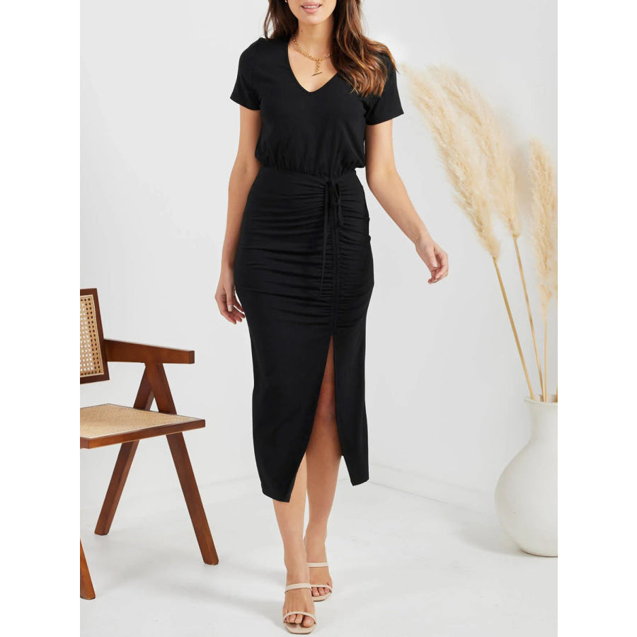 Ruched Slit V - Neck Short Sleeve Dress Apparel and Accessories