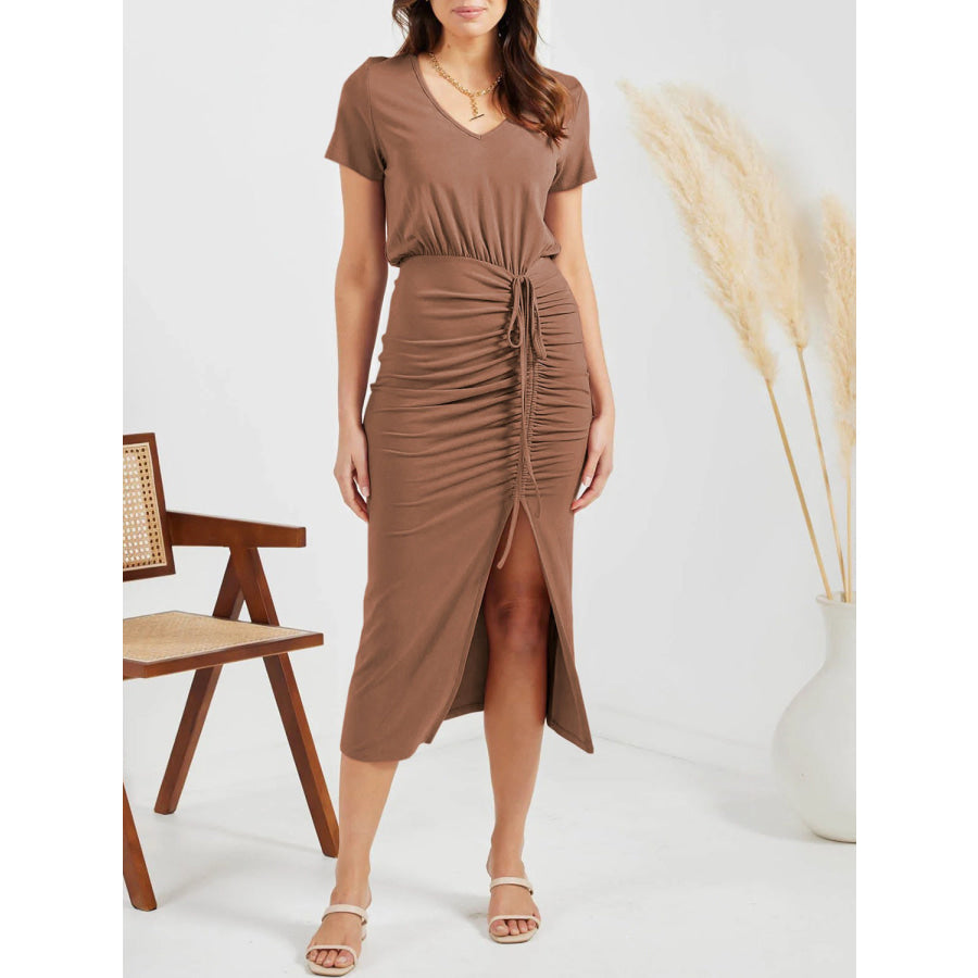 Ruched Slit V - Neck Short Sleeve Dress Apparel and Accessories