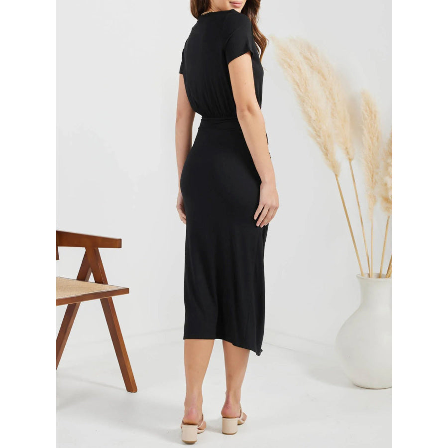 Ruched Slit V - Neck Short Sleeve Dress Apparel and Accessories