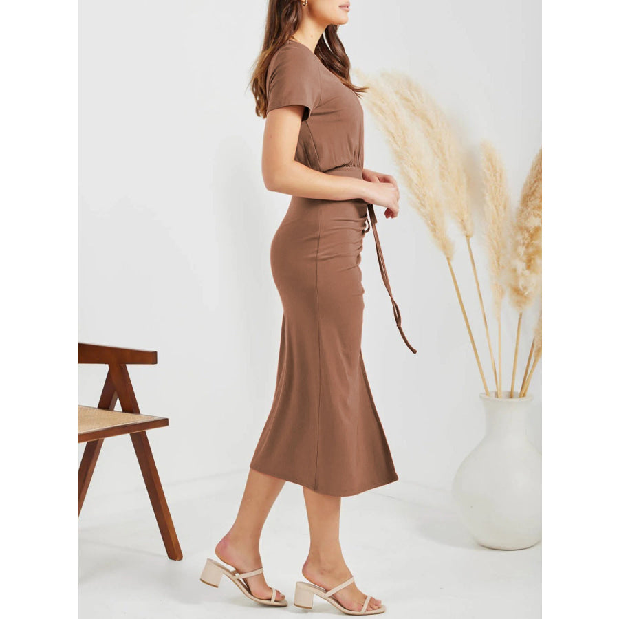 Ruched Slit V - Neck Short Sleeve Dress Apparel and Accessories