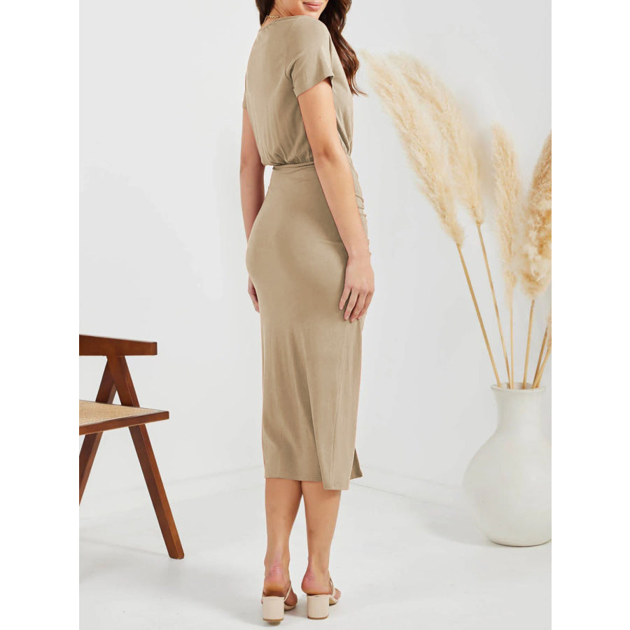 Ruched Slit V - Neck Short Sleeve Dress Apparel and Accessories