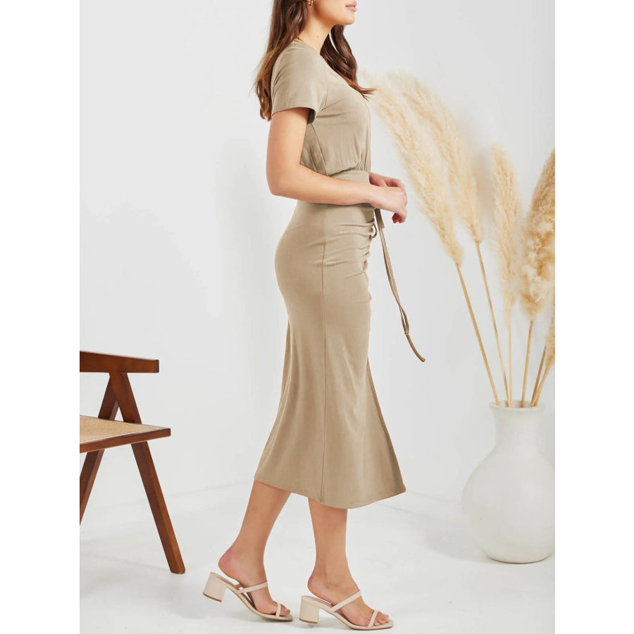 Ruched Slit V - Neck Short Sleeve Dress Apparel and Accessories