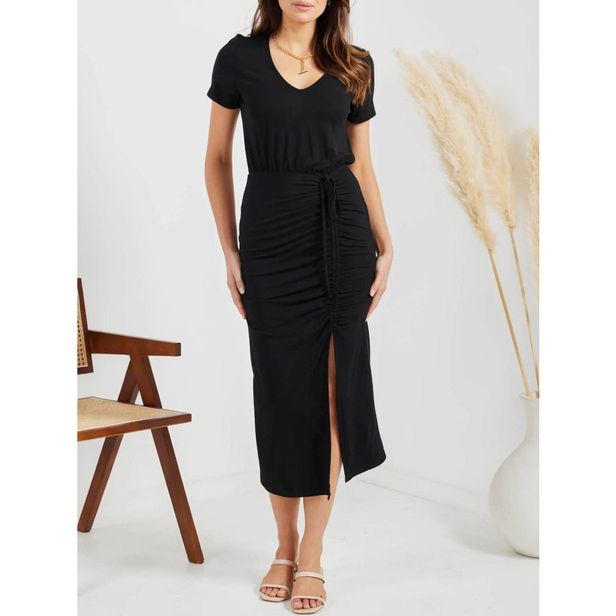 Ruched Slit V - Neck Short Sleeve Dress Black / S Apparel and Accessories