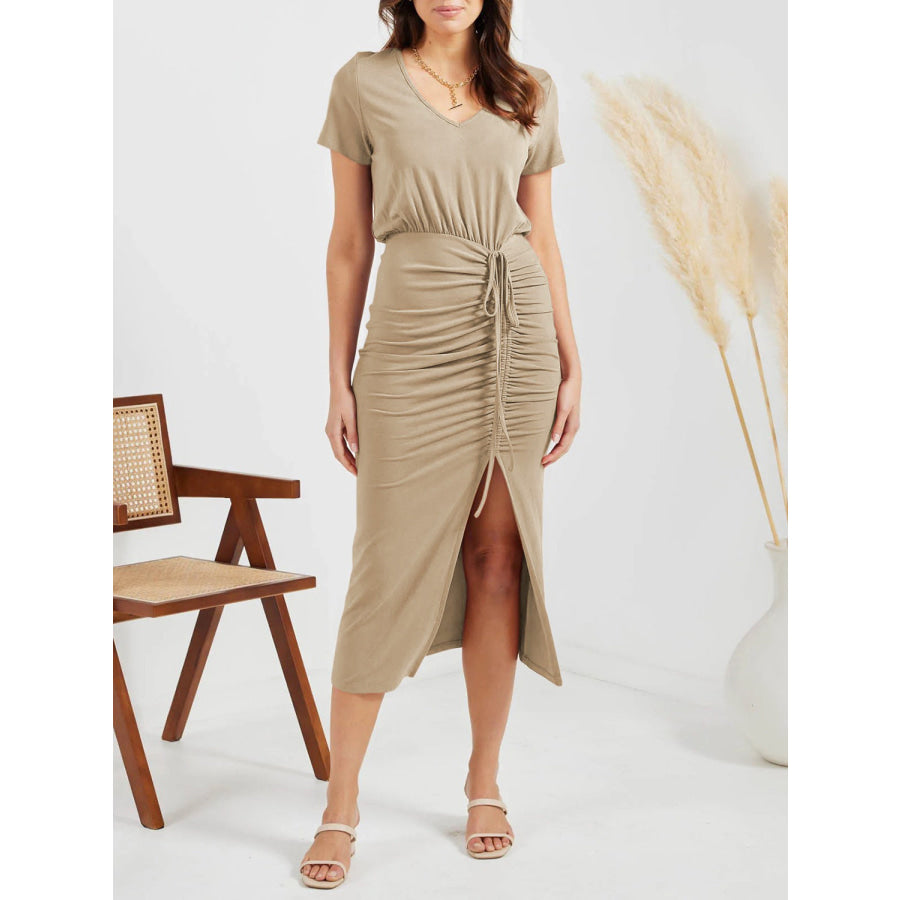 Ruched Slit V - Neck Short Sleeve Dress Khaki / S Apparel and Accessories