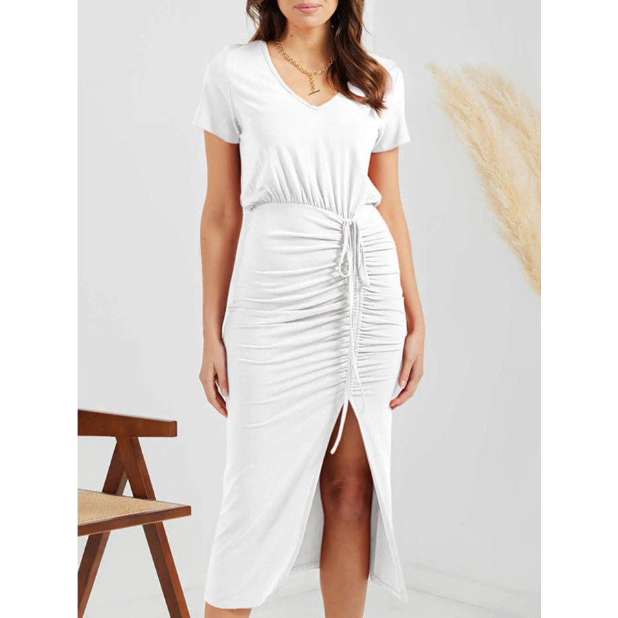 Ruched Slit V - Neck Short Sleeve Dress White / S Apparel and Accessories