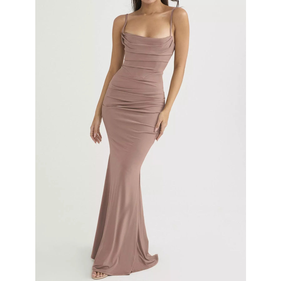Ruched Spaghetti Strap Bodycon Maxi Dress Khaki / XS Apparel and Accessories