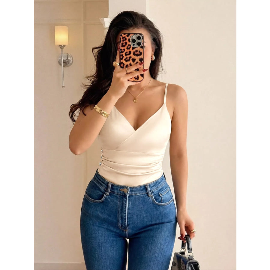 Ruched Spaghetti Strap Bodysuit Gold / S Apparel and Accessories