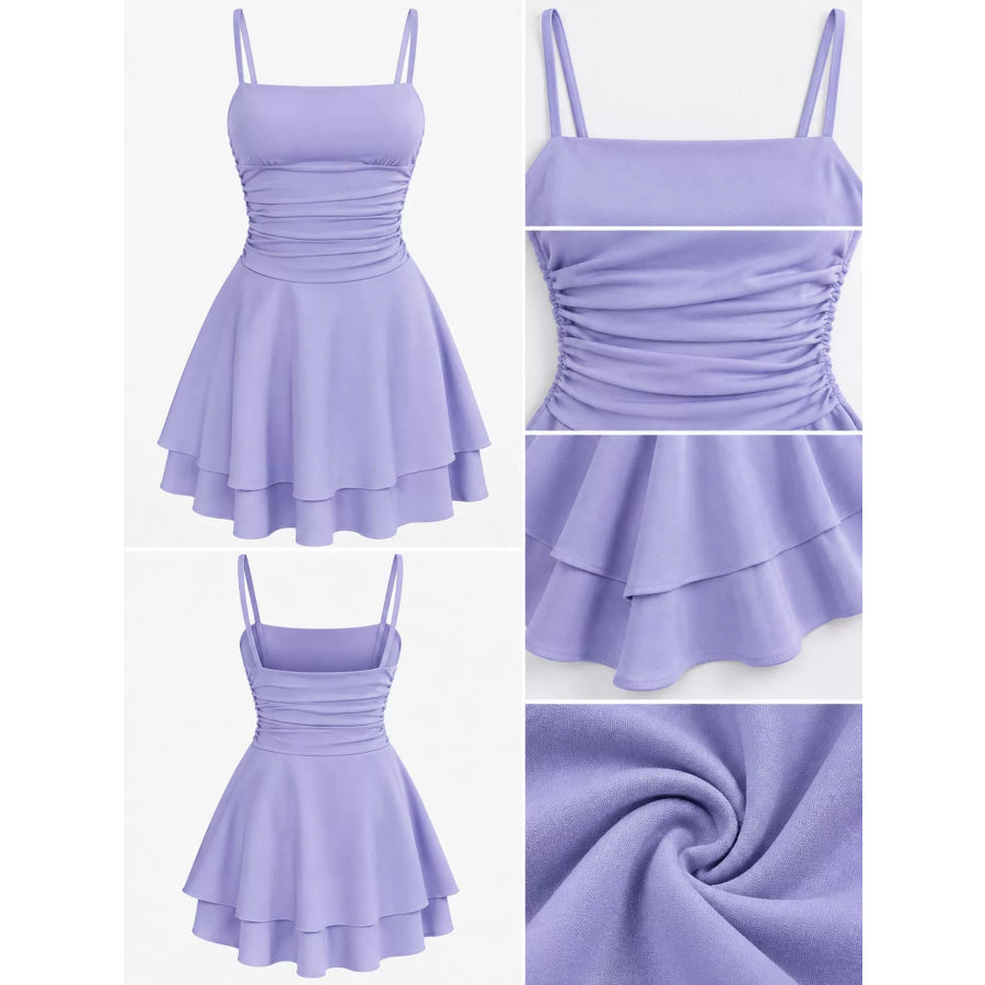 Ruched Spaghetti Strap Layered Mini Dress Apparel and Accessories