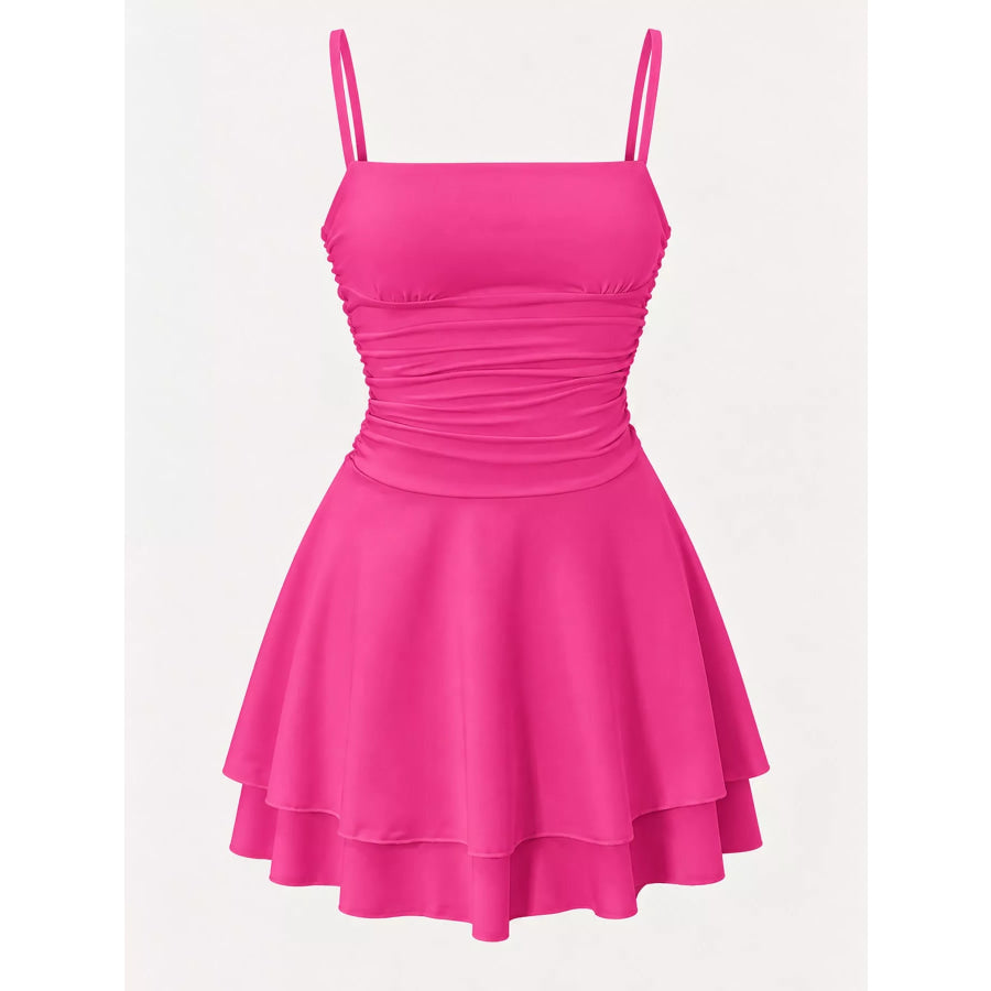 Ruched Spaghetti Strap Layered Mini Dress Apparel and Accessories