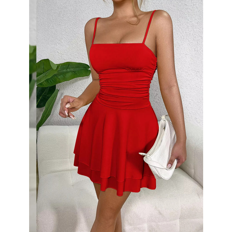 Ruched Spaghetti Strap Layered Mini Dress Apparel and Accessories