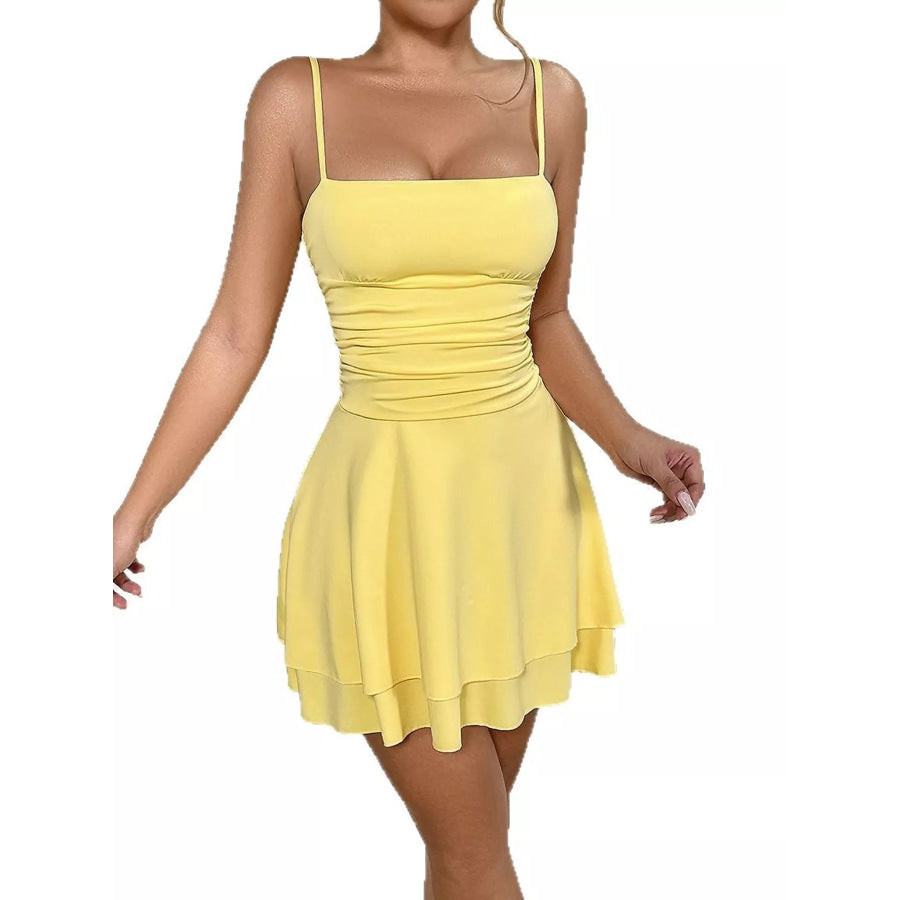 Ruched Spaghetti Strap Layered Mini Dress Apparel and Accessories