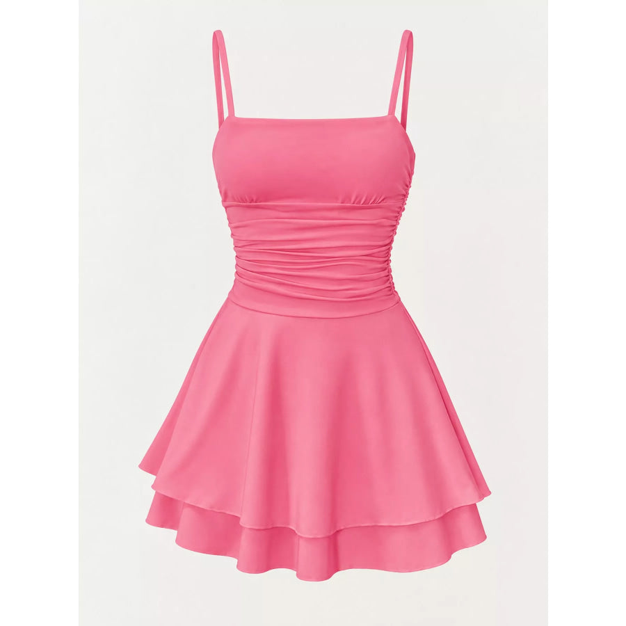 Ruched Spaghetti Strap Layered Mini Dress Apparel and Accessories
