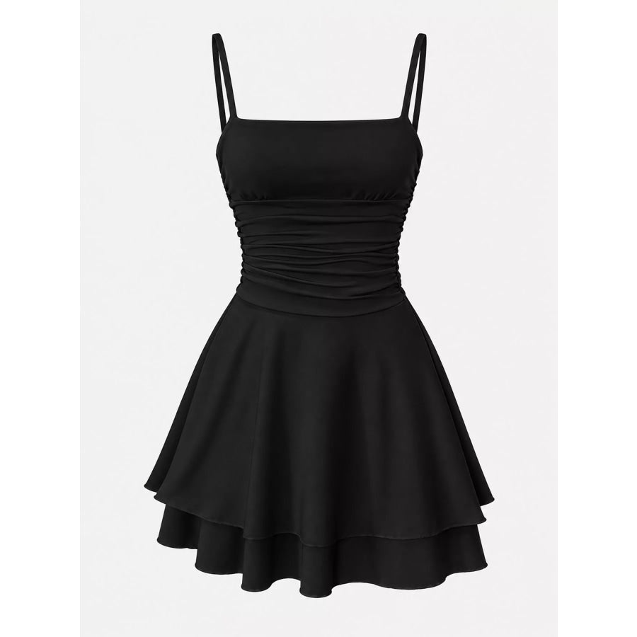 Ruched Spaghetti Strap Layered Mini Dress Apparel and Accessories