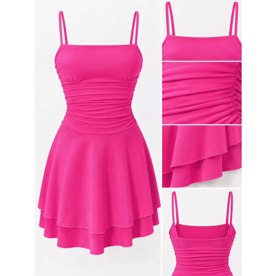 Ruched Spaghetti Strap Layered Mini Dress Apparel and Accessories