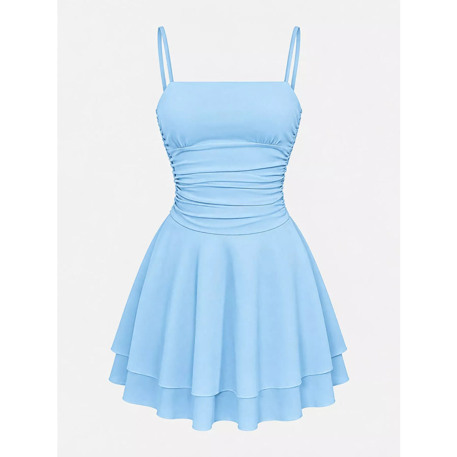 Ruched Spaghetti Strap Layered Mini Dress Apparel and Accessories