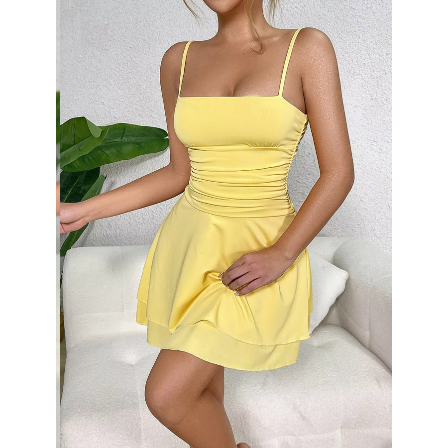 Ruched Spaghetti Strap Layered Mini Dress Apparel and Accessories