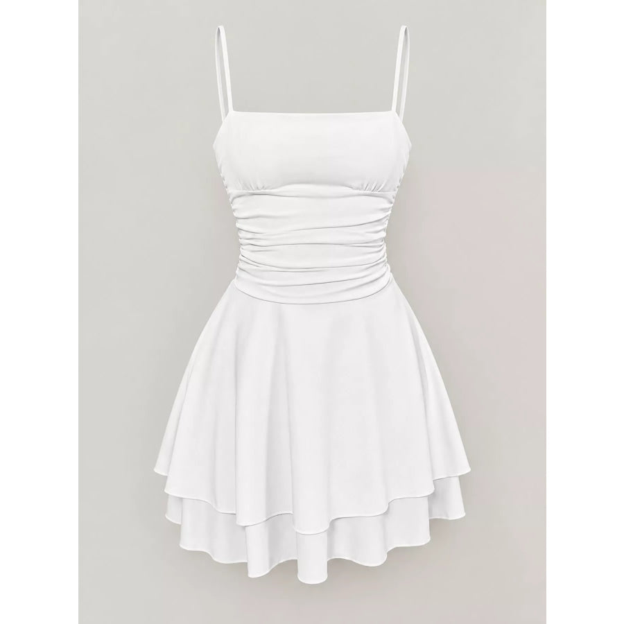 Ruched Spaghetti Strap Layered Mini Dress Apparel and Accessories