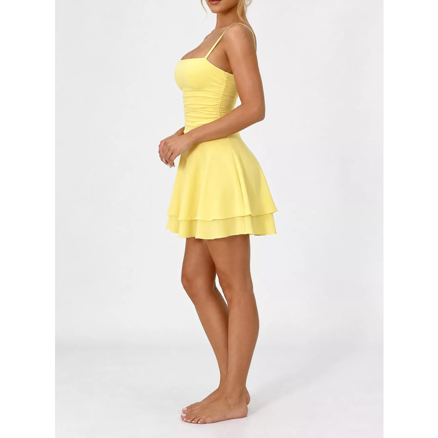 Ruched Spaghetti Strap Layered Mini Dress Apparel and Accessories