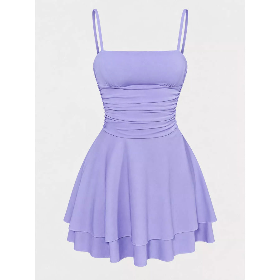 Ruched Spaghetti Strap Layered Mini Dress Apparel and Accessories