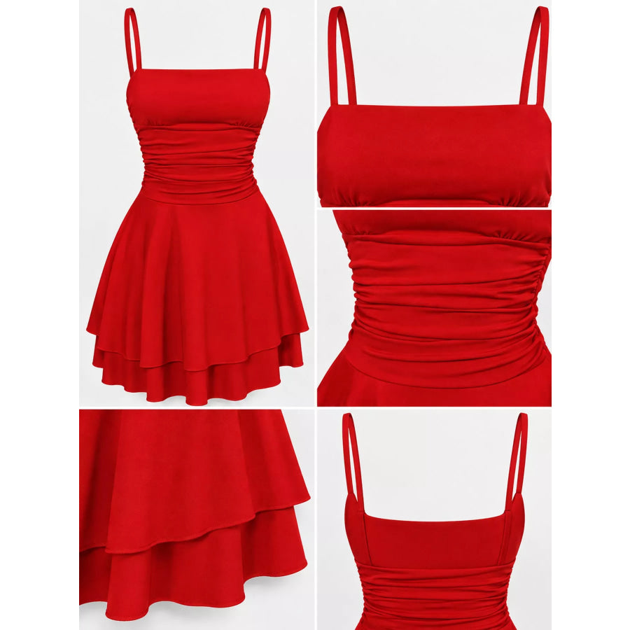 Ruched Spaghetti Strap Layered Mini Dress Apparel and Accessories