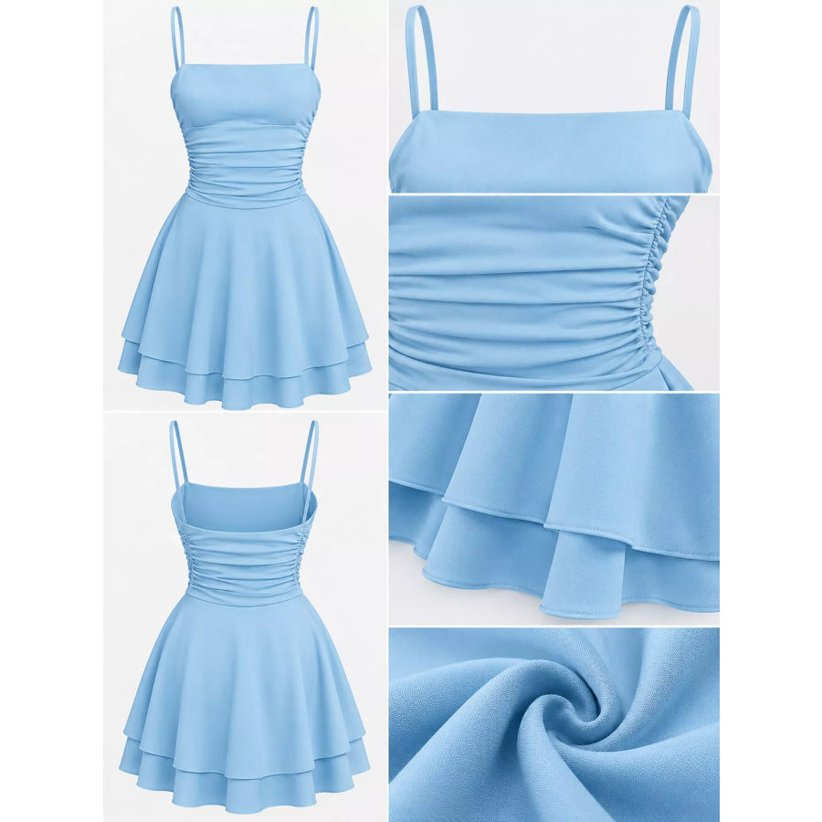 Ruched Spaghetti Strap Layered Mini Dress Apparel and Accessories