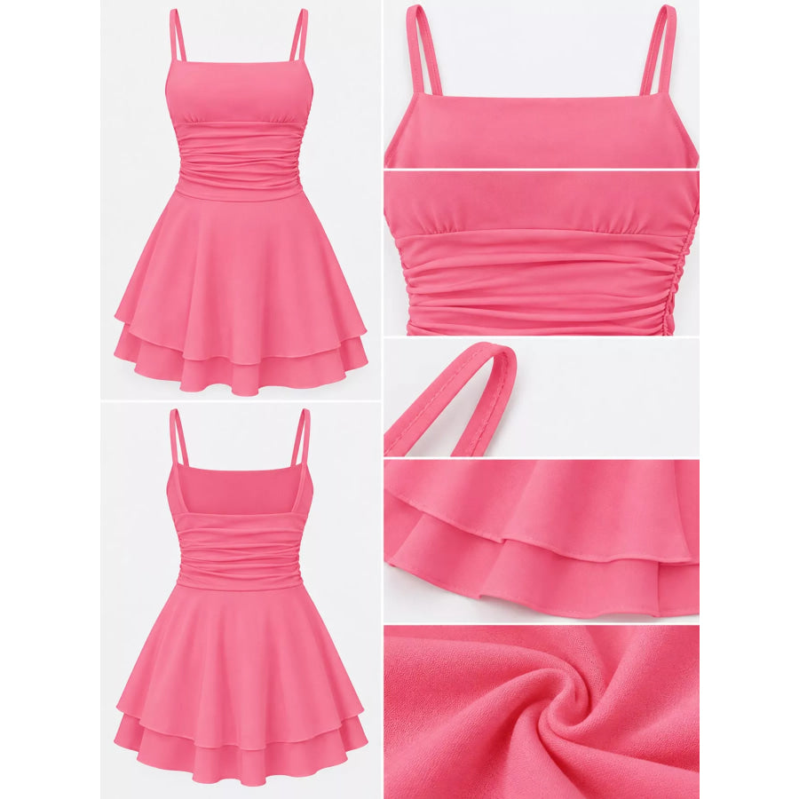 Ruched Spaghetti Strap Layered Mini Dress Apparel and Accessories