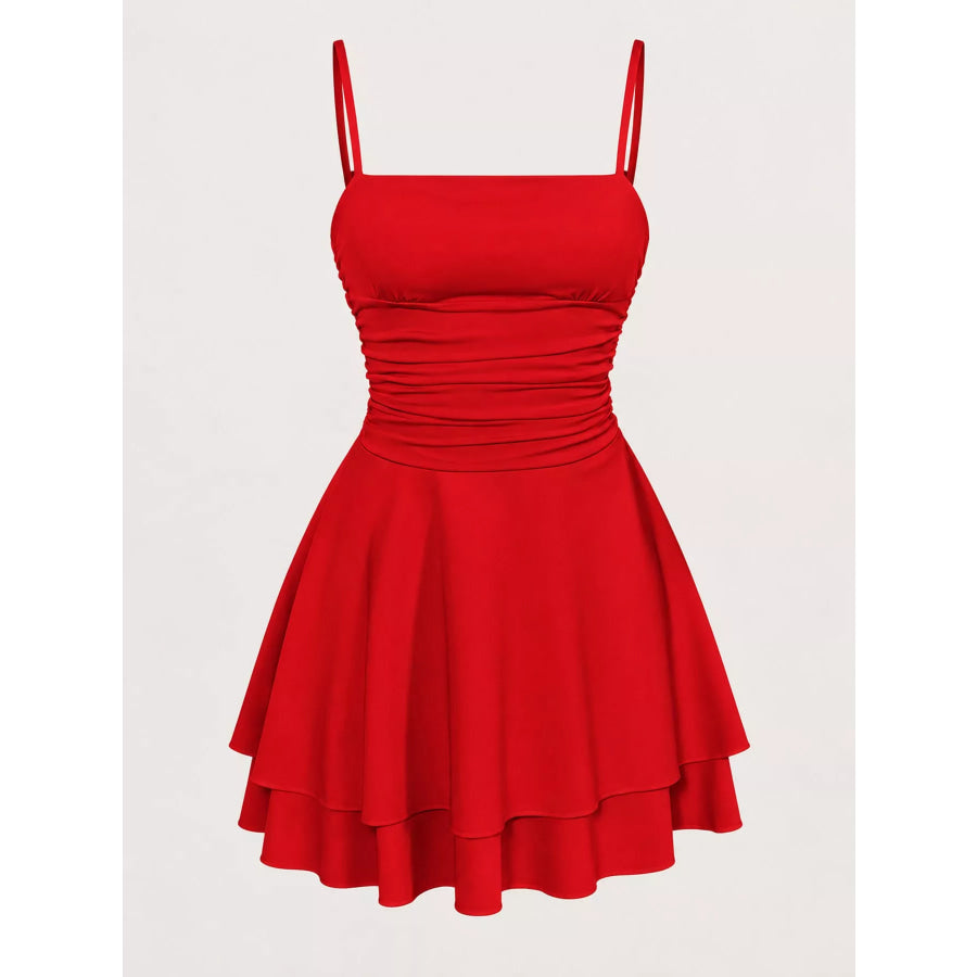 Ruched Spaghetti Strap Layered Mini Dress Apparel and Accessories