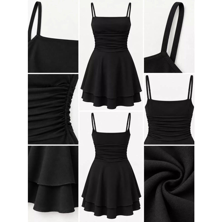 Ruched Spaghetti Strap Layered Mini Dress Apparel and Accessories