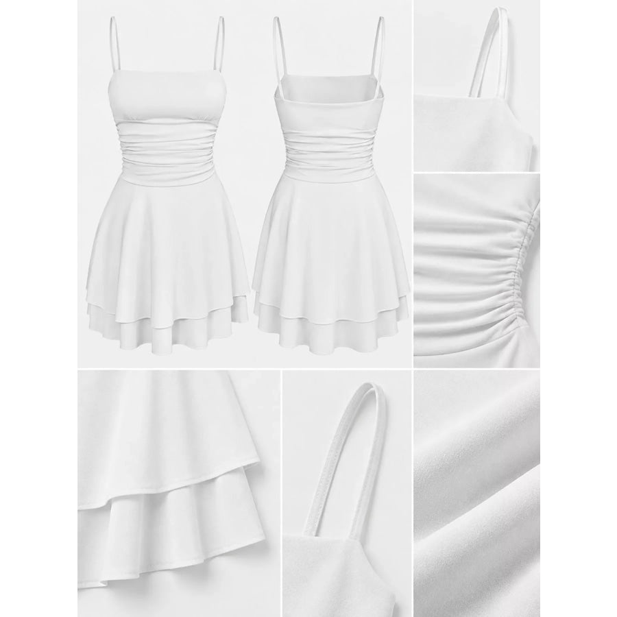 Ruched Spaghetti Strap Layered Mini Dress Apparel and Accessories